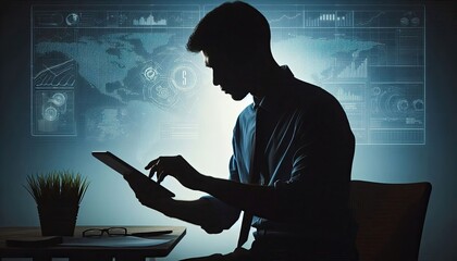 A silhouette of someone analyzing data on a tablet, silhouette, action photography, aesthetics,