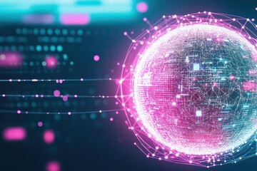 Obraz premium Vibrant sphere of interconnected data nodes, glimmering white and pink tones, side view, radiant glow