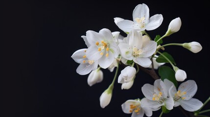 Fototapeta premium White flowers on a black background from a jasmine branch.