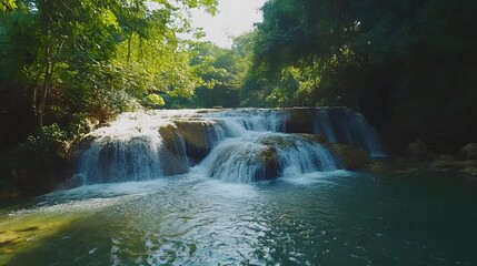 Fototapeta premium Serene waterfall cascading through lush green jungle foliage.