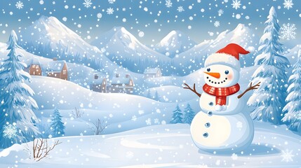 Fototapeta premium Joyful snowman in snowy mountain village.