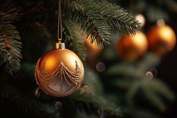  Elegant golden Christmas ornament on tree branch with festive bokeh lights, perfect for holiday celebrations.