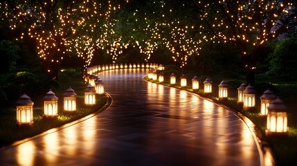 Pathway lined with glowing lanterns in a tranquil forest, each light symbolizing milestones of customer satisfaction guiding to a promising horizon--style raw