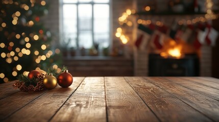 A charming wooden table adorned with festive ornaments stands proudly before a beautifully decorated Christmas tree, radiating holiday cheer and warmth.