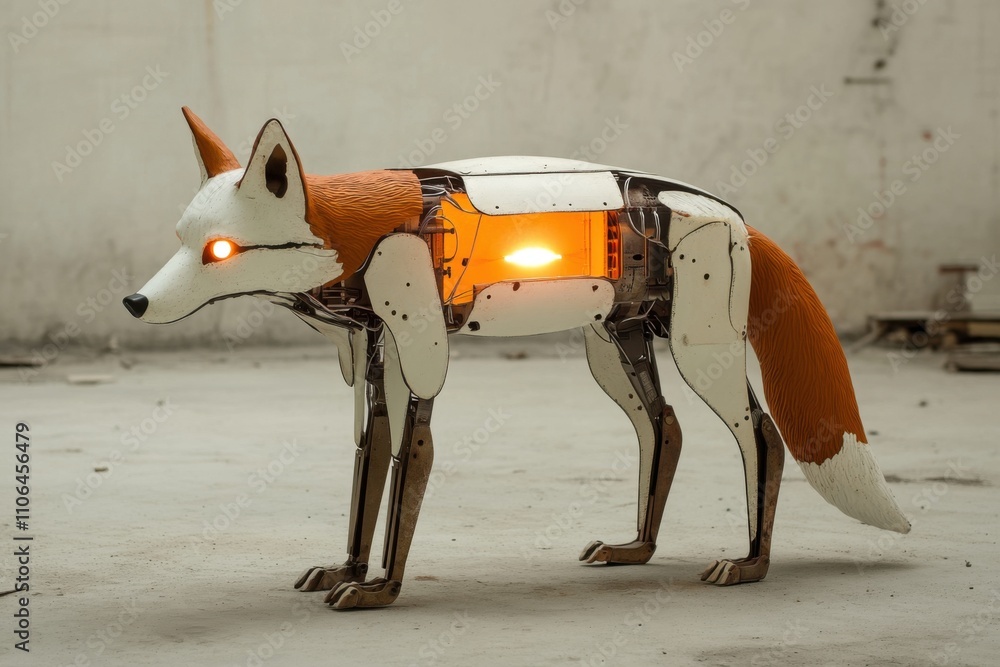 Aufkleber futuristic robotic fox with illuminated core in industrial setting