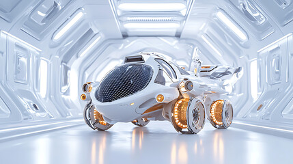 Futuristic vehicle concept with sleek design and advanced technology in modern environment. This innovative vehicle showcases unique aesthetic and functionality