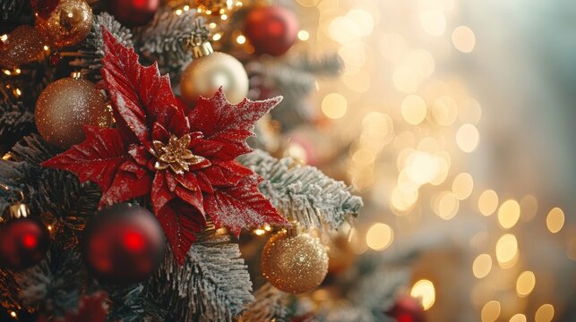 A festive Christmas tree adorned with shimmering gold ornaments and a vibrant red poinsettia, radiating warmth and holiday cheer.