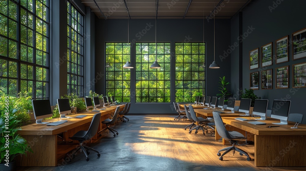 Poster interior of stylish open space office with dark gray walls, concrete floor, rows of computer tables 