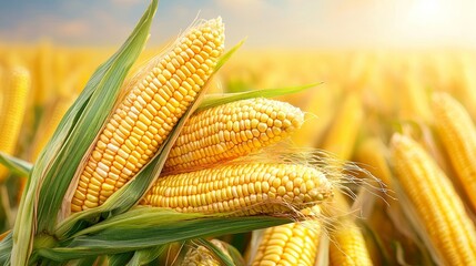 Sunlit cornfield, golden cobs ready for harvest, natural beauty