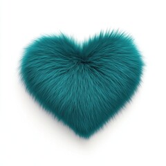 Vibrant Teal Fur Heart Shaped Pillow with Soft Texture on White Background