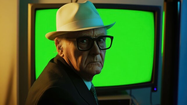 Serious elderly man with glasses and a white hat, looking at the camera with a green screen background. Concept of aging, nostalgia, and technology.