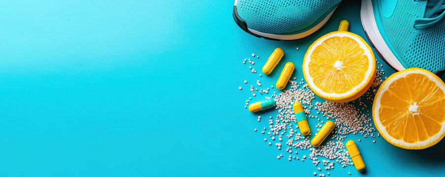 Daily essential vitamins. Athletic shoes, oranges, and supplements on a vibrant blue background.