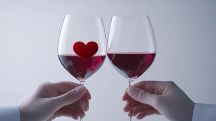 Wine glasses clinking with heart icons, romantic dinner theme, clean white background