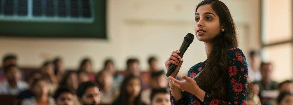 young indian woman at a conference or meeting with microphone