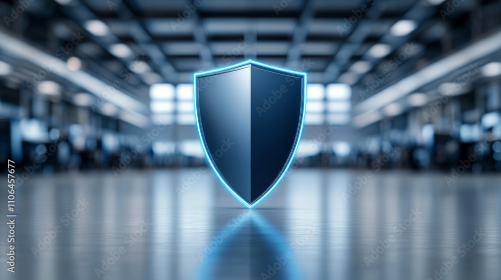 Aufkleber sleek metallic blue shield in a high tech industrial environment representing robust network securit