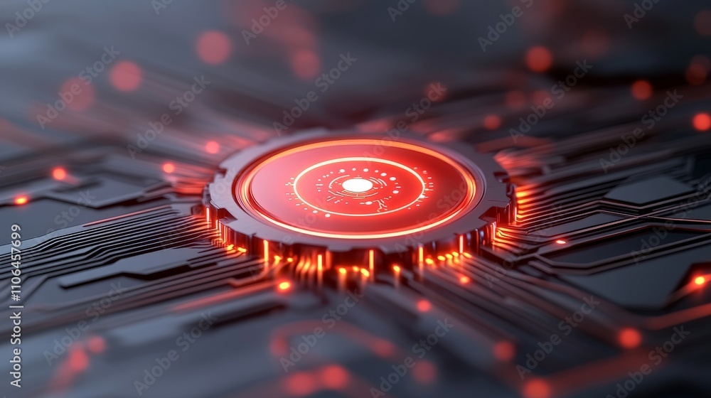 Aufkleber red glowing circuit board with a circular glowing core symbolizing advanced computer systems, techno