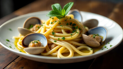 Linguine alle Vongole on a Rustic Table