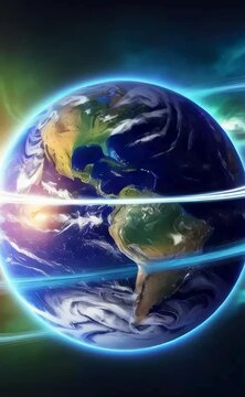 A dynamic and visually striking image of Earth from space, showing the planet's rotation with subtle motion effects like blurred streaks or glowing trails around the equator