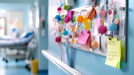 hospital bulletin board filled with colorful notes, reminders, and messages, showcasing vibrant and organized environment. background features hospital room with medical equipment