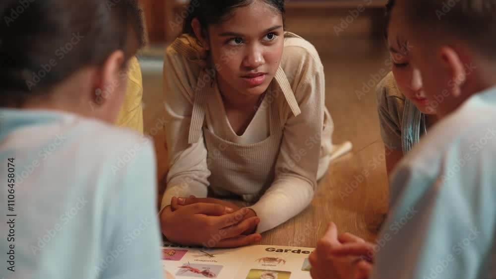 Poster caucasian girl sharing experience while reading a book together with multicultural friend at library