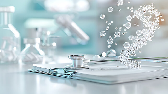 Medical guideline handbook with stethoscope and bubbles