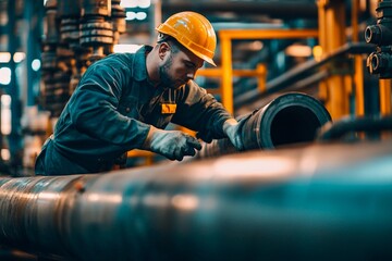 Skilled worker repairing industrial piping at a factory during late afternoon. Generative AI