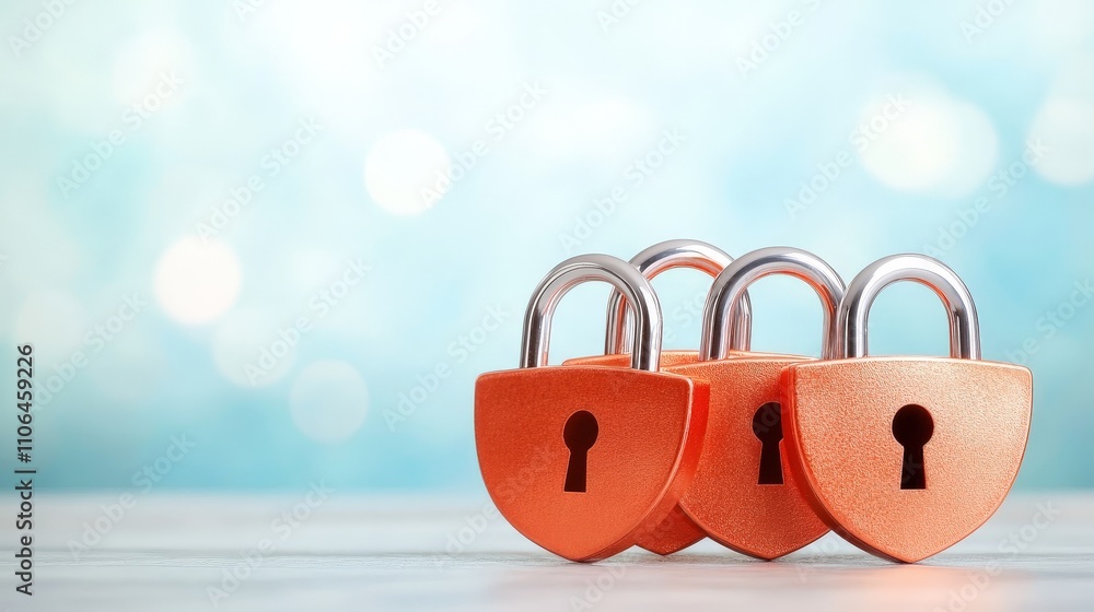 Poster three red padlocks on a reflective white surface with a bokeh light background, representing digital