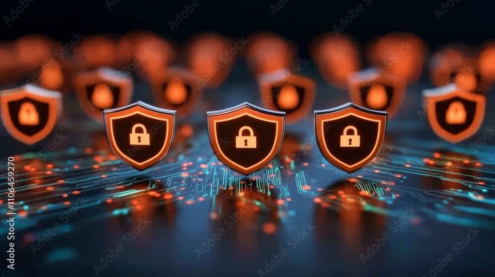 Poster futuristic row of glowing orange padlocks on a digital blue network background, representing advance