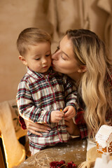 A mother with a one and a half year old child is preparing a festive dinner in the kitchen, dressed in checkered shirts, New Year's atmosphere