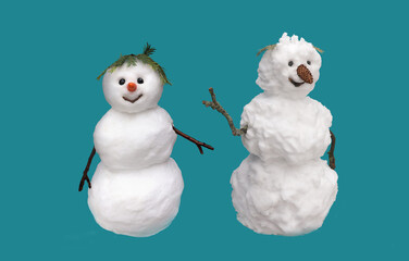 Old and  young snowman isolated on blue background for New Year and winter design