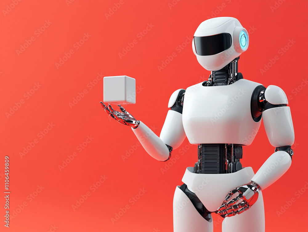 Poster ai-generated robot holding cube futuristic studio 3d render minimalist style close-up technology inn
