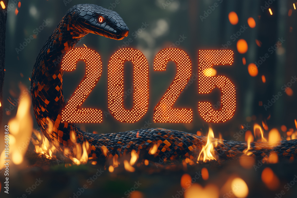 Poster striking low poly snake emerges from flames, symbolizing year 2025. fiery background enhances dramat