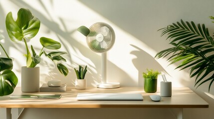 Sunlit desk with laptop, fan, and plants.