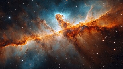Fototapeta premium A vibrant nebula glows with orange, blue, and white light against a dark background of stars.