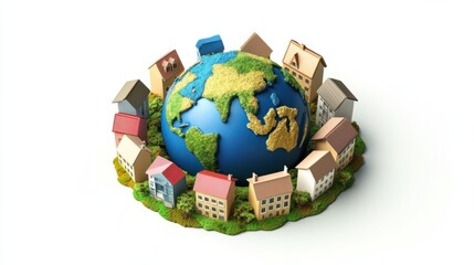 Animated 3D Earth globe surrounded by tiny houses, representing global communities, on white