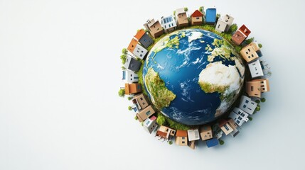 Animated 3D Earth globe surrounded by tiny houses, representing global communities, on white