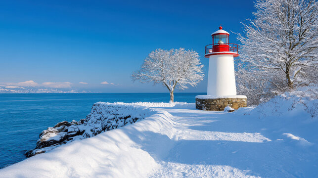 snow covered lighthouse by sea in winter, surrounded by white trees and clear blue sky, creates serene and picturesque scene