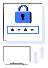 Blue padlock above password field with asterisks, computer monitor below with data exchange arrows. Ideal for cybersecurity, online privacy, secure access, IT infrastructure, network security, data
