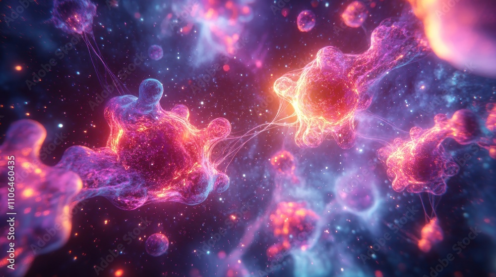 Poster abstract cosmic nebula with glowing particles and nebulae.