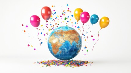 Cheerful 3D Earth globe with party confetti and balloons, celebrating a global event, on white