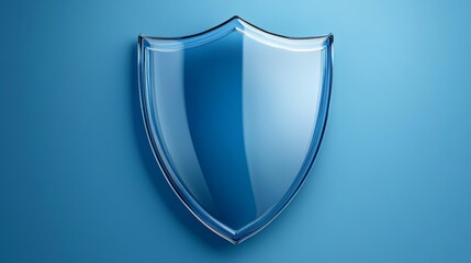 Sleek and glossy metallic blue shield on a plain background, symbolizing simplicity, strength, and the integration of digital safety with modern minimalistic design concepts
