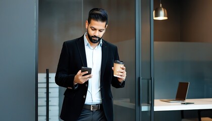 Professional using smartphone in modern office environment