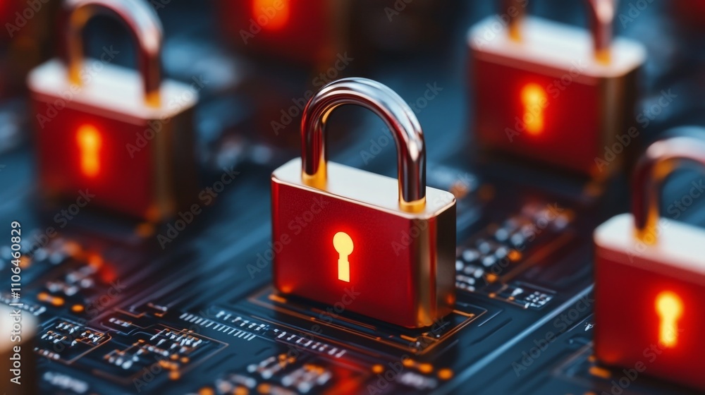 Aufkleber array of glowing red padlocks on a circuit board, representing encrypted data storage, network secur
