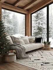 Cozy Cabin Winter Scene With Christmas Tree And Sofa