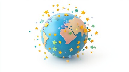 Playful 3D cartoon Earth globe surrounded by tiny stars, isolated on white