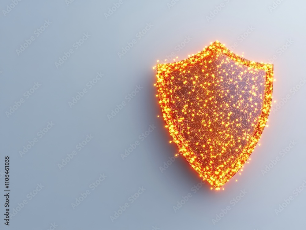 Poster illuminated cyber shield with glowing orange particles on a gradient background, symbolizing digital