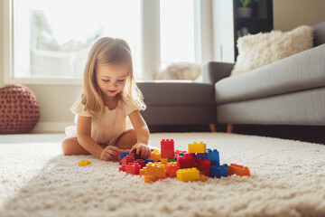 A little girl playing with colorful building blocks on a soft carpet in a sunny living room