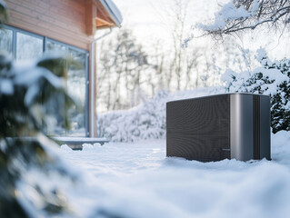 Snow-covered outdoor unit near a modern cabin on a bright winter day in a serene landscape