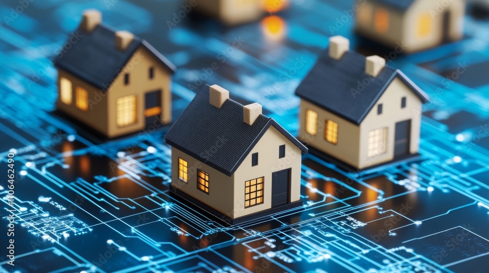 Poster model houses are showcased on a glowing circuit board, representing the intersection of real estate 