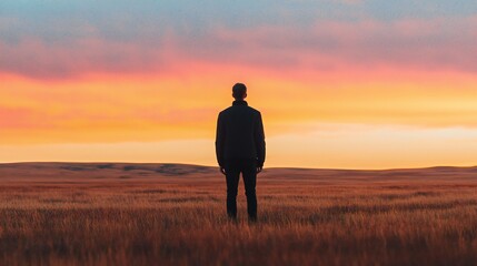 Solitary Figure in Golden Sunset Prairie Landscape Photography